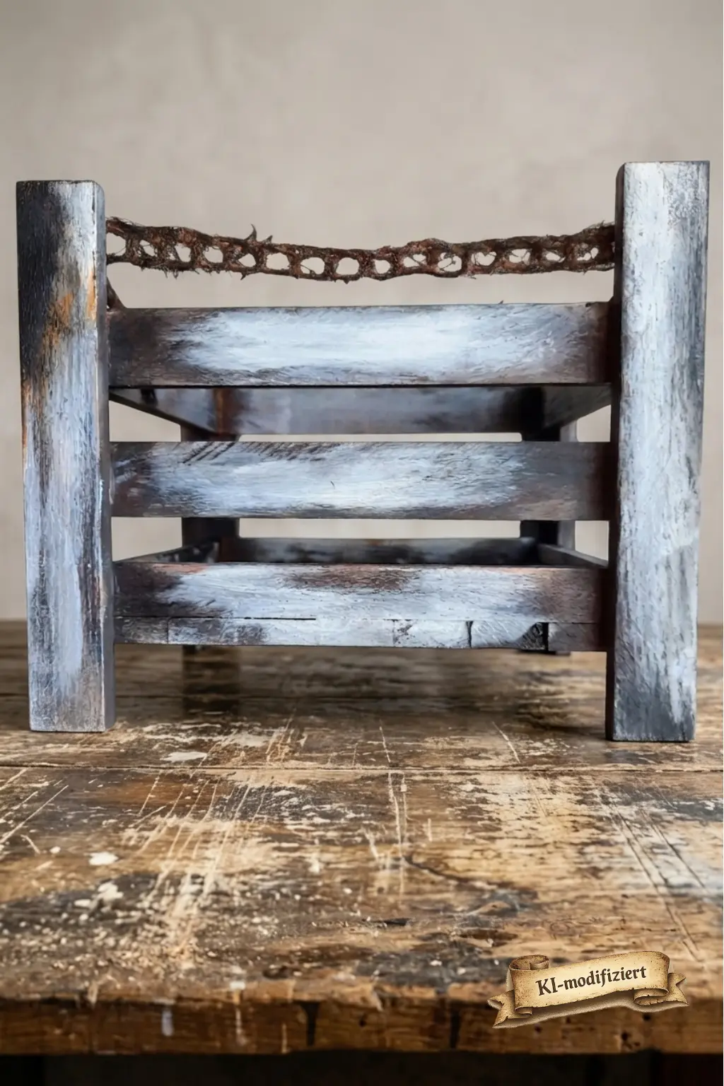 Detailansicht der grauen Industrial-Holzkiste mit sichtbarem Rosteffekt