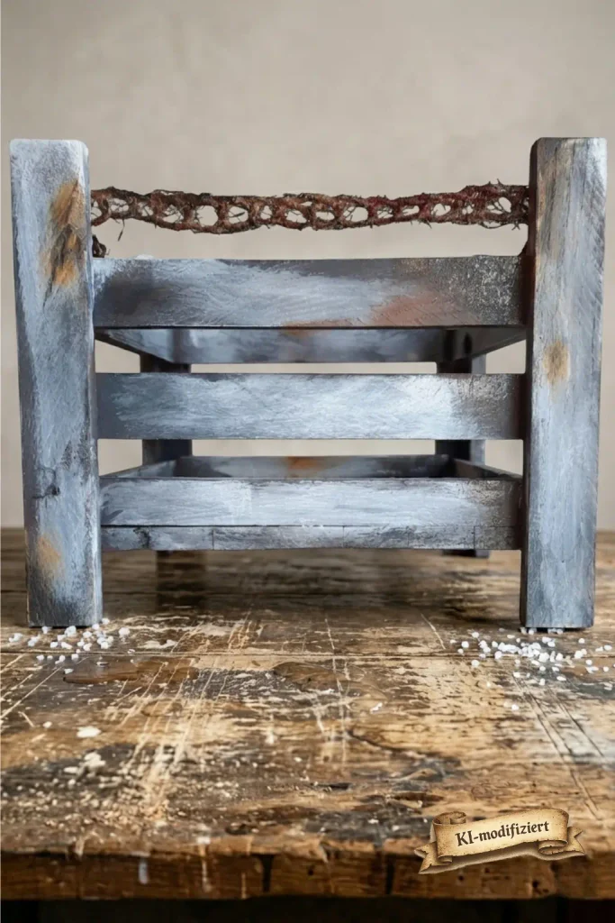 Seitliche Perspektive der rustikalen Holzkiste im Used-Look