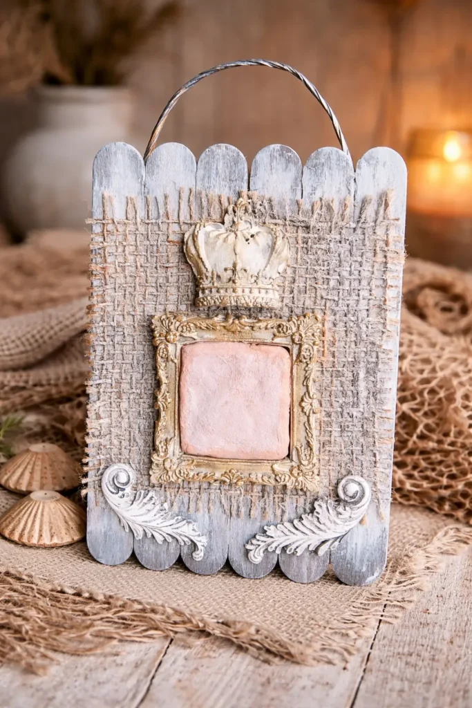 kleines Schild mit Mixed Material mit Krone und goldfarbenem Rahmen auf Jute