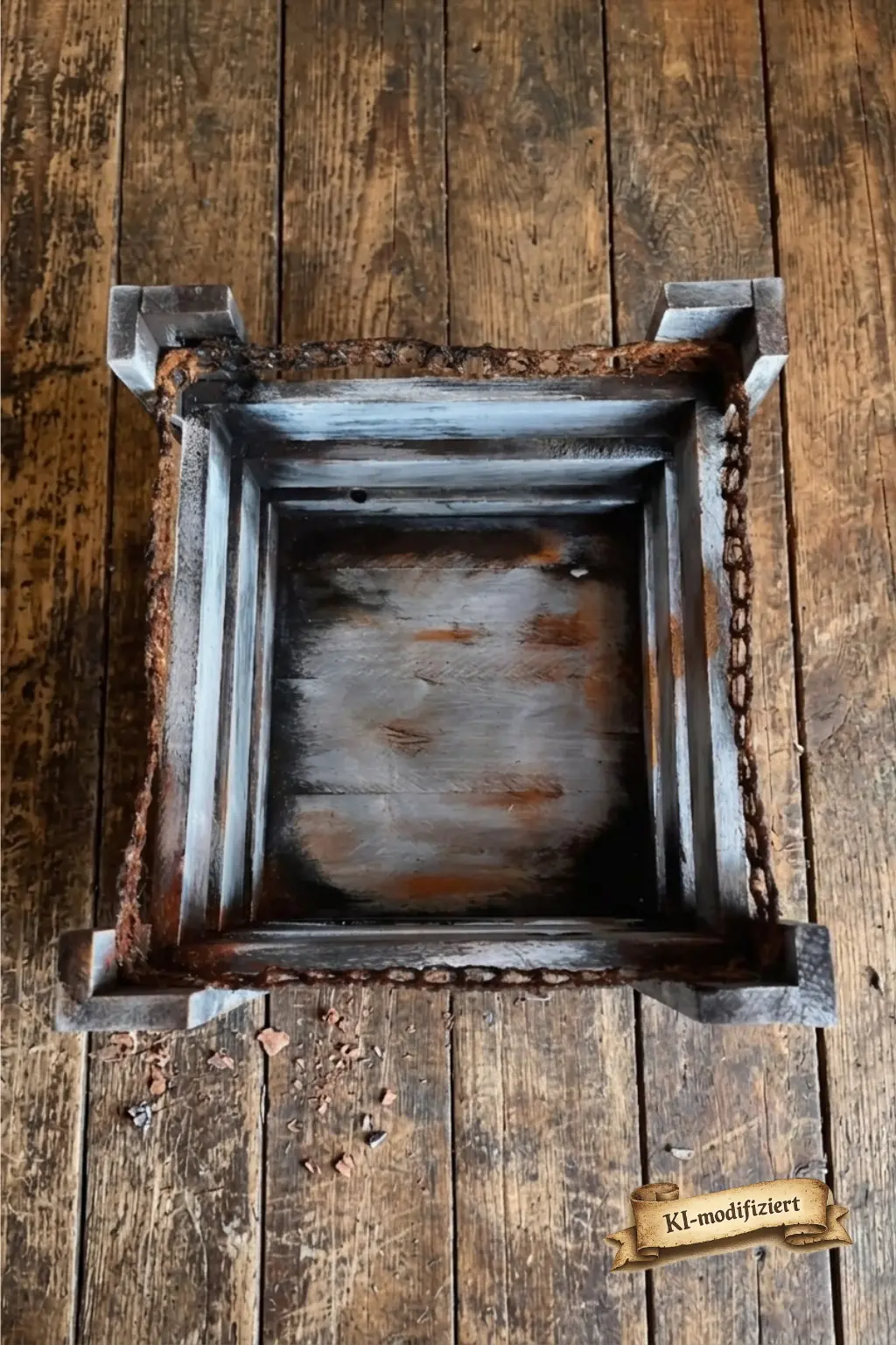 Blick in das Innere der handgefertigten Industrial-Holzkiste