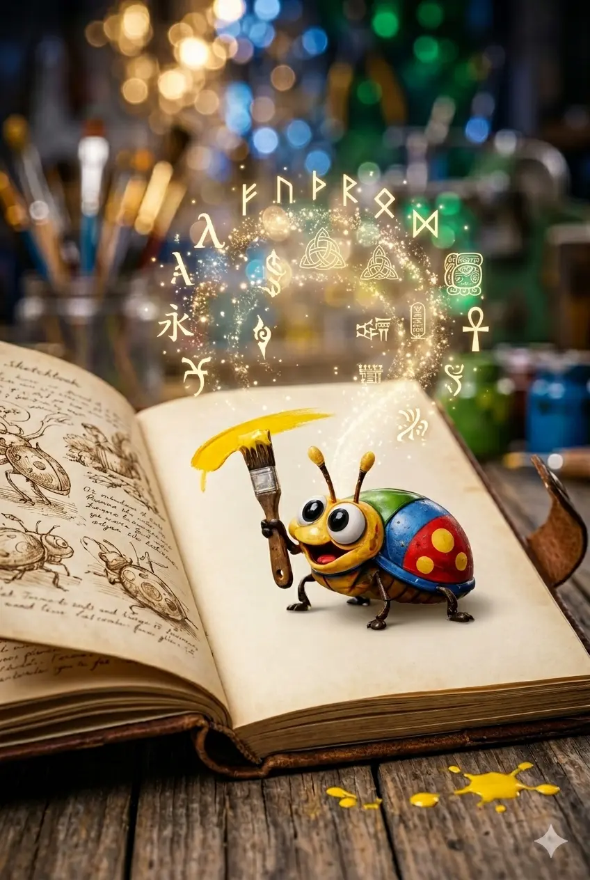 Aufgeschlagenes Buch mit dem bunten Käfer auf einer Seite