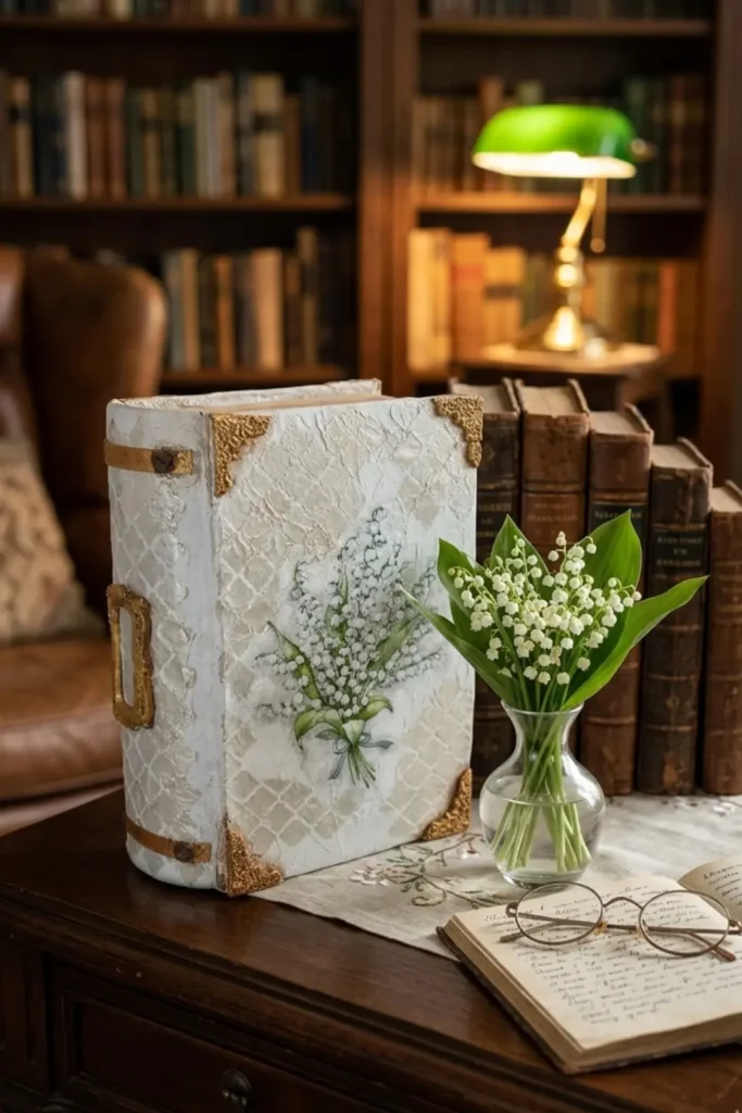 Handgemachte Buchbox aus Pappe im Vintage-Stil mit Maiglöckchen-Motiv und goldenen verzierten Ecken, stehend auf einem dunklen Holztisch neben einer Vase mit frischen Maiglöckchen und einer antiken Brille auf einem aufgeschlagenen Buch vor einer unscharfen Kulisse einer Bibliothek.