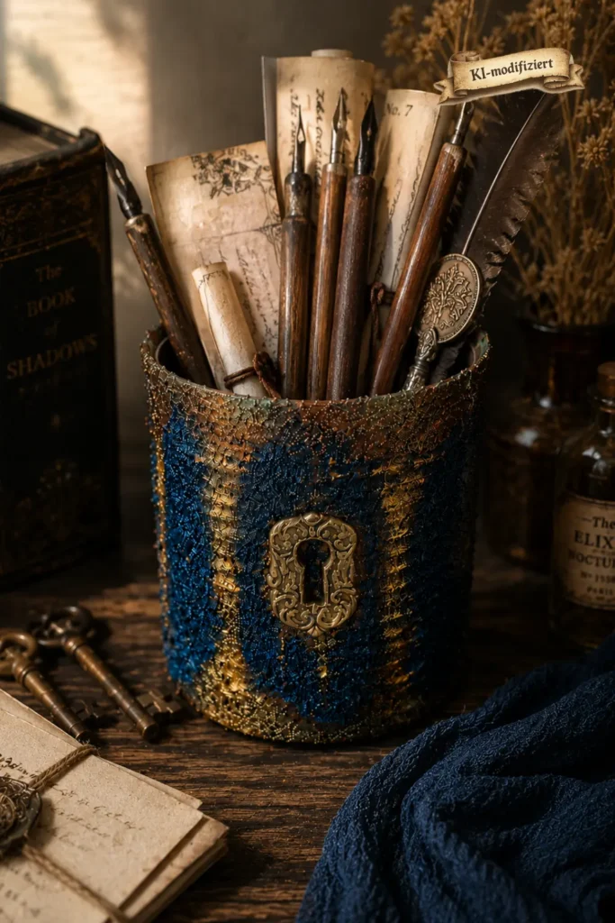 Blaue Dose mit Schloss vorne, Griffeln und Papierrollen