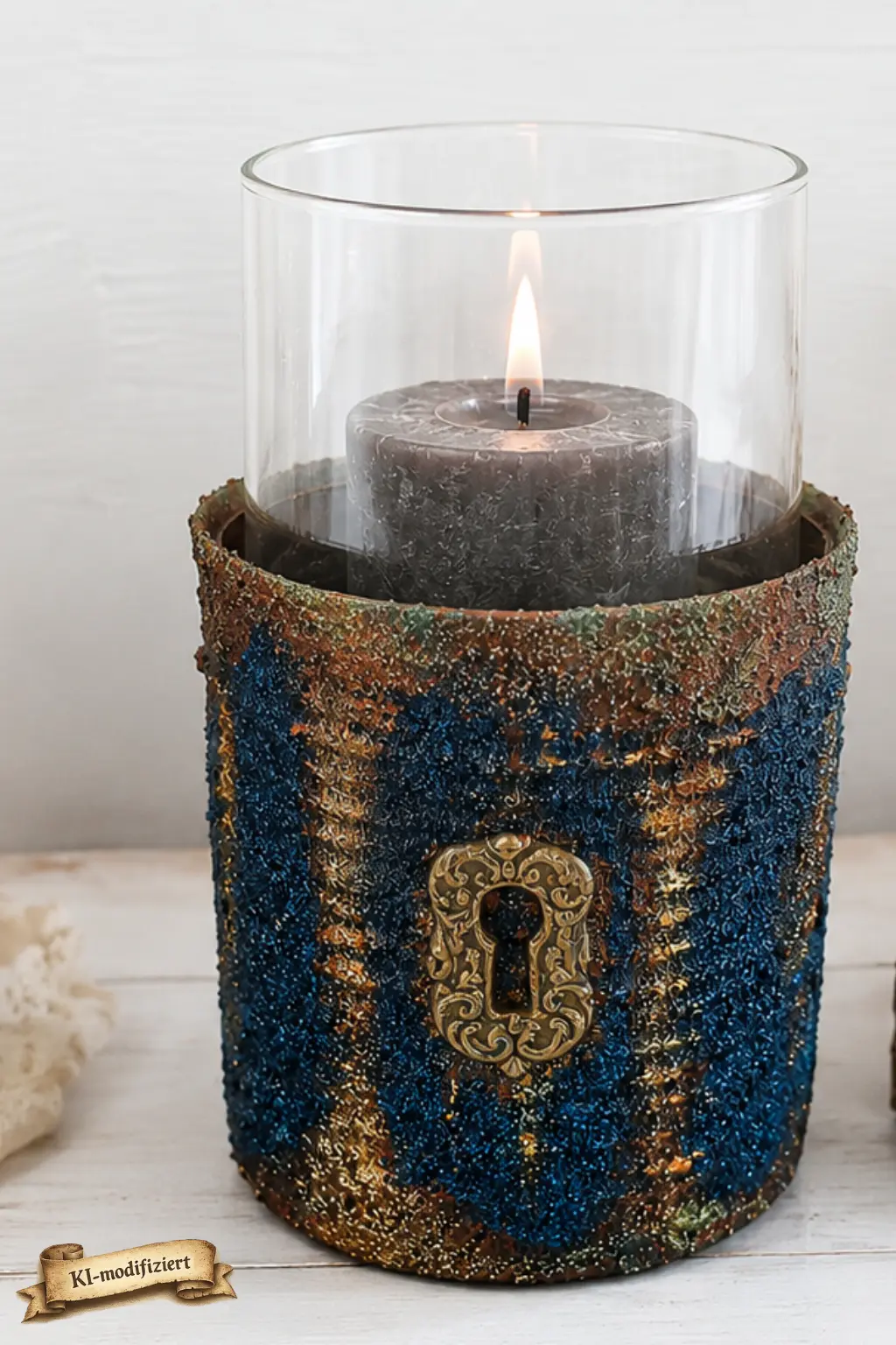 Blaue Dose mit Schloss vorne, enthält ein Glas mit grauer Kerze vor hellem Hintergrund