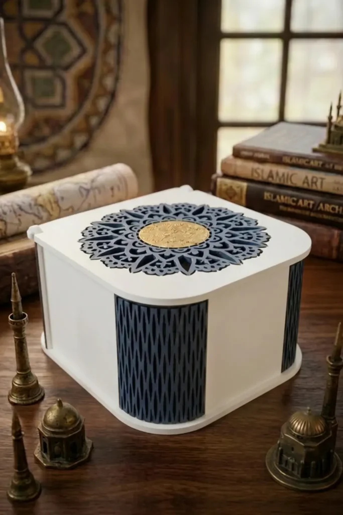 Handgemachte, quadratische Schmuckschatulle namens Hagia Sophia aus MDF mit abgerundeten Ecken. Der Korpus ist weiß mit graublauen, gitterartigen Mustereinsätzen an den Ecken. Auf dem weißen Deckel befindet sich ein großes, kreisrundes, graublaues Mandala-Muster mit einer goldenen Sonne aus Metallpaste im Zentrum. Die Box steht auf einem dunklen Holztisch umgeben von kleinen, antiken Minarett- und Kuppelfiguren aus Metall.