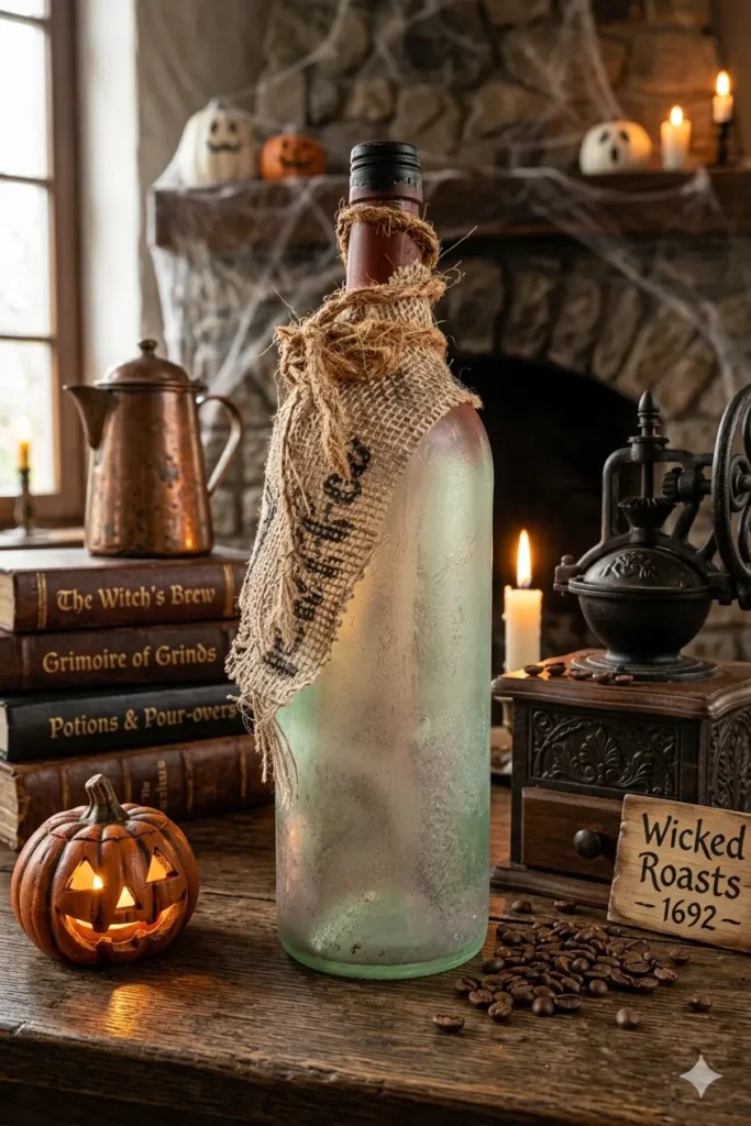 Rückseite der "Killer-Coffee" Deko-Flasche, die den authentisch gealterten, magischen Look der Oberfläche im dunklen Halloween-Ambiente zeigt.