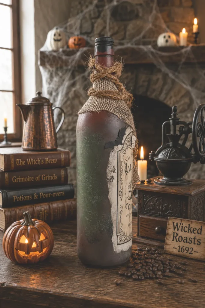 Seitenansicht der "Killer Coffee" Flasche im Vintage-Stil, die die verwitterte, dunkle Textur der Oberfläche und die kunstvolle Jute-Umwicklung am Flaschenhals zeigt.