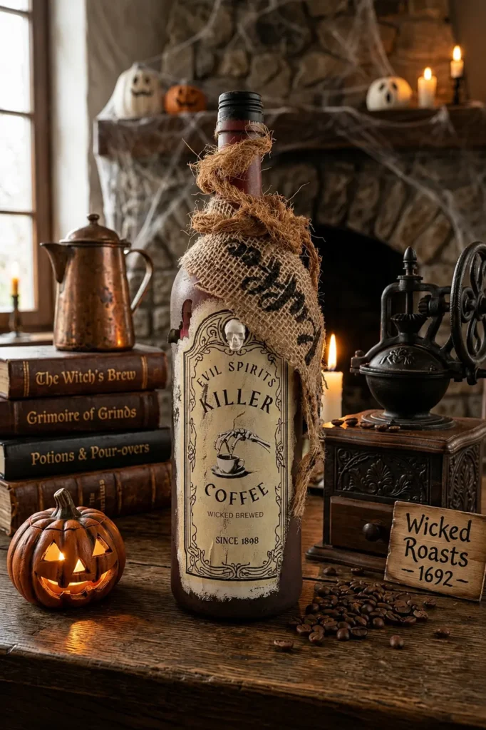 Deko-Flasche "Killer-Coffee" mit Totenkopf-Motiv und Skelettkopf, verziert mit Jute, stehend auf einem Tisch neben alten Büchern und einer Kürbislaterne.