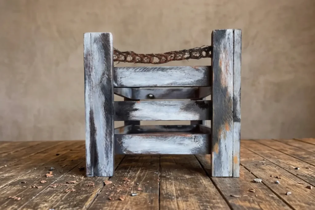 handgefertigte Industrial-Holzkiste im Used Look in Grau mit Rosteffekt
