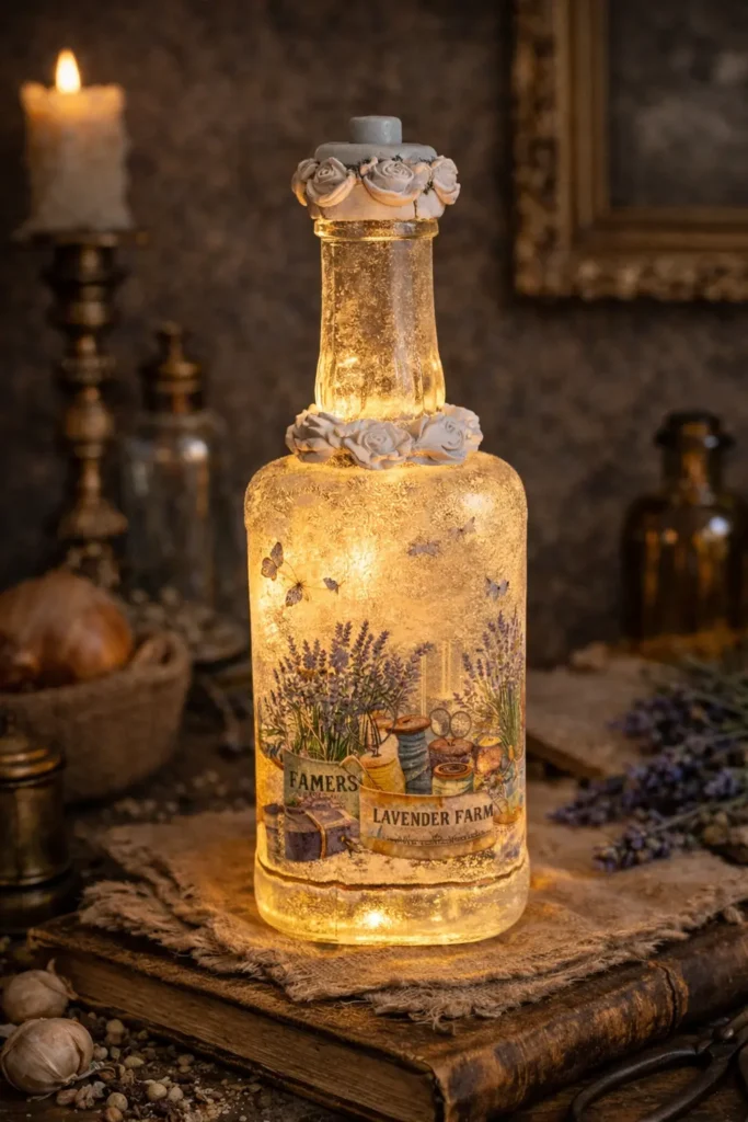 Antiker Flaschenzauber mit Lavendel: Upcycling-Projekt in Frost-Optik. Anwendungsbeispiel mit LED-Licht (Verkauf ohne Leuchtmittel).