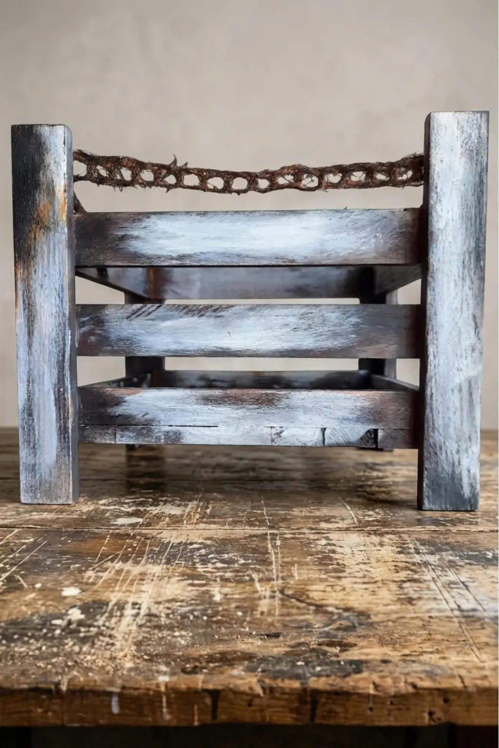 Detailansicht der grauen Industrial-Holzkiste mit sichtbarem Rosteffekt