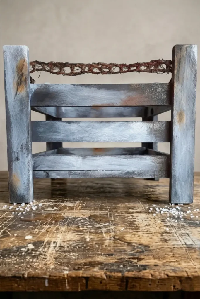 Seitliche Perspektive der rustikalen Holzkiste im Used-Look
