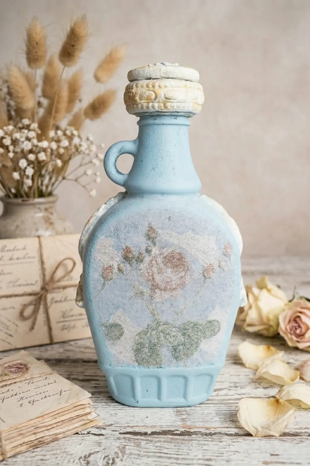 Die Rückseite einer handgefertigten lichtblauen Vintage-Dekoflasche, die die strukturierte Oberfläche und ein dezentes, gedämpftes florales Rosenmuster zeigt, mit barocken Goldelementen an den Seiten und einem goldfarbenen Stopfen