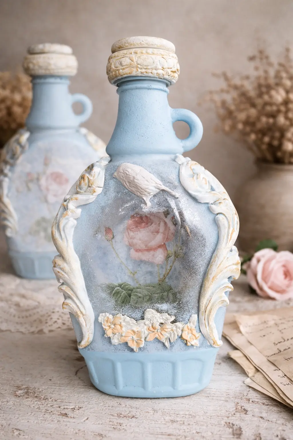 lichtblaue Flasche mit Mould-Motiven Vorderseite
