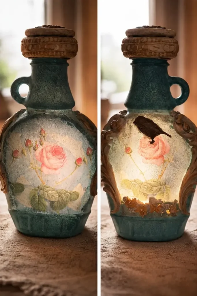 Ein vertikaler Diptychon, der eine handgefertigte, matte lichtblaue Flasche von vorne zeigt: links, mit unbeleuchteten detaillierten Rosen- und Rosenknospen-Grafiken und barocken Goldakzenten; rechts, beleuchtet von innen, glühend und die Silhouetten des Rosenmusters und eines Vogels auf der Rose deutlich zeigend, mit sichtbaren getrockneten Blüten am Boden.