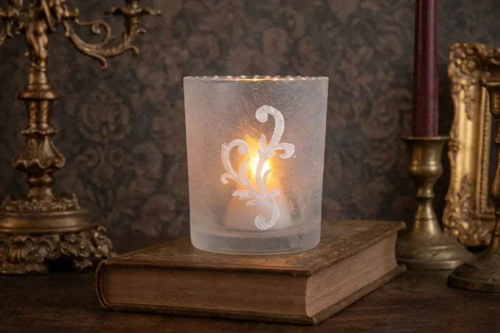 Kleines nostalgisches Windlicht aus gefrostetem Glas mit viktorianischem Ornament