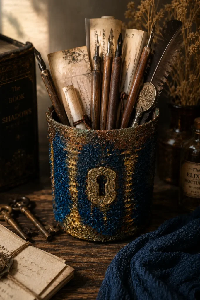 Blaue Dose mit Schloss vorne, Griffeln und Papierrollen