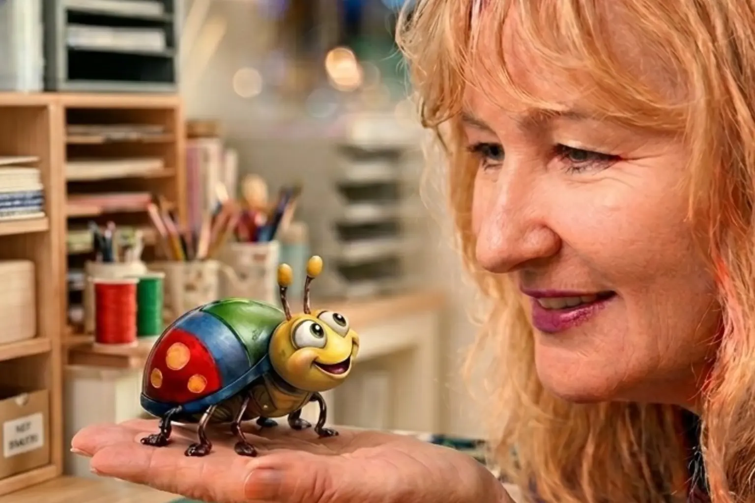 Susi mit Käfer Jimmy auf dem Handteller