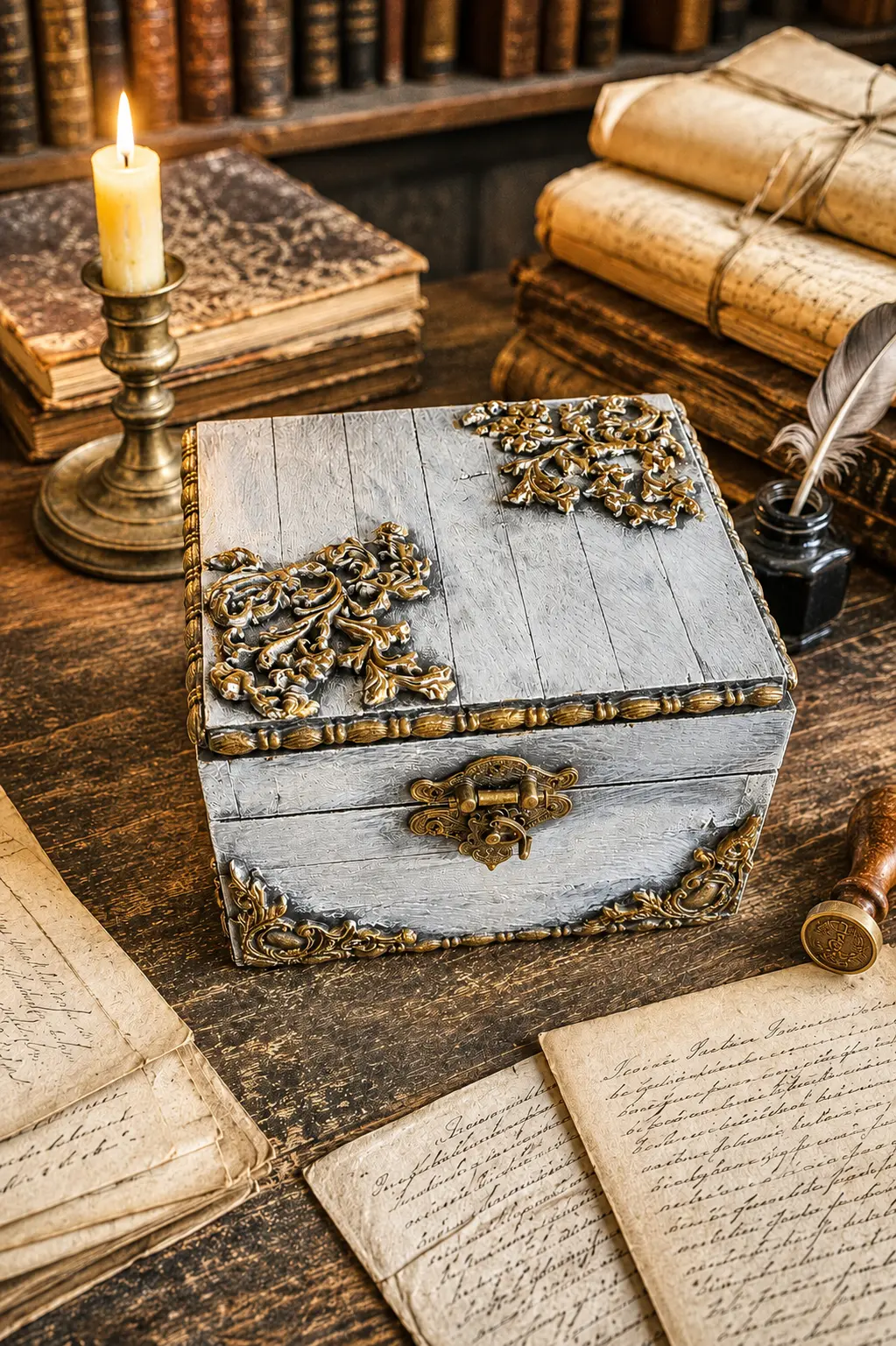 Schmuckkästchen Frontansicht im Vintage-Stil mit dekorativen Mould-Ornamenten, perlmuttfarbenen Gemmen und Metallscharnieren und -Schloss