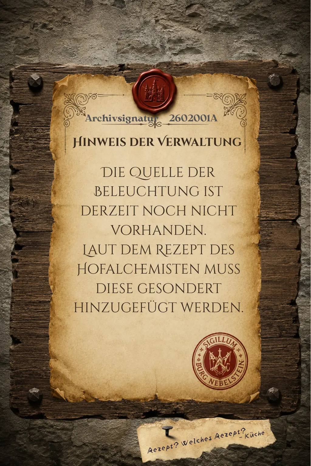 Hinweis der Burgverwaltung - Lichtquelle fehlt