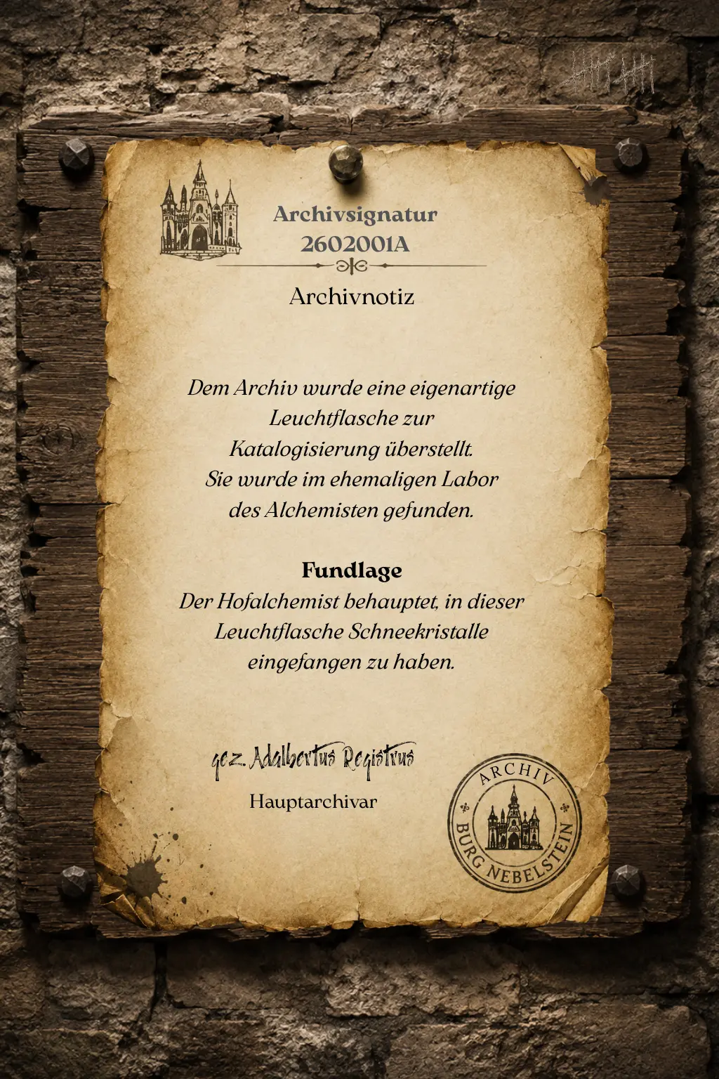 Vorgeschichte zur Leuchtflasche mit Schneekristallen 2602001A