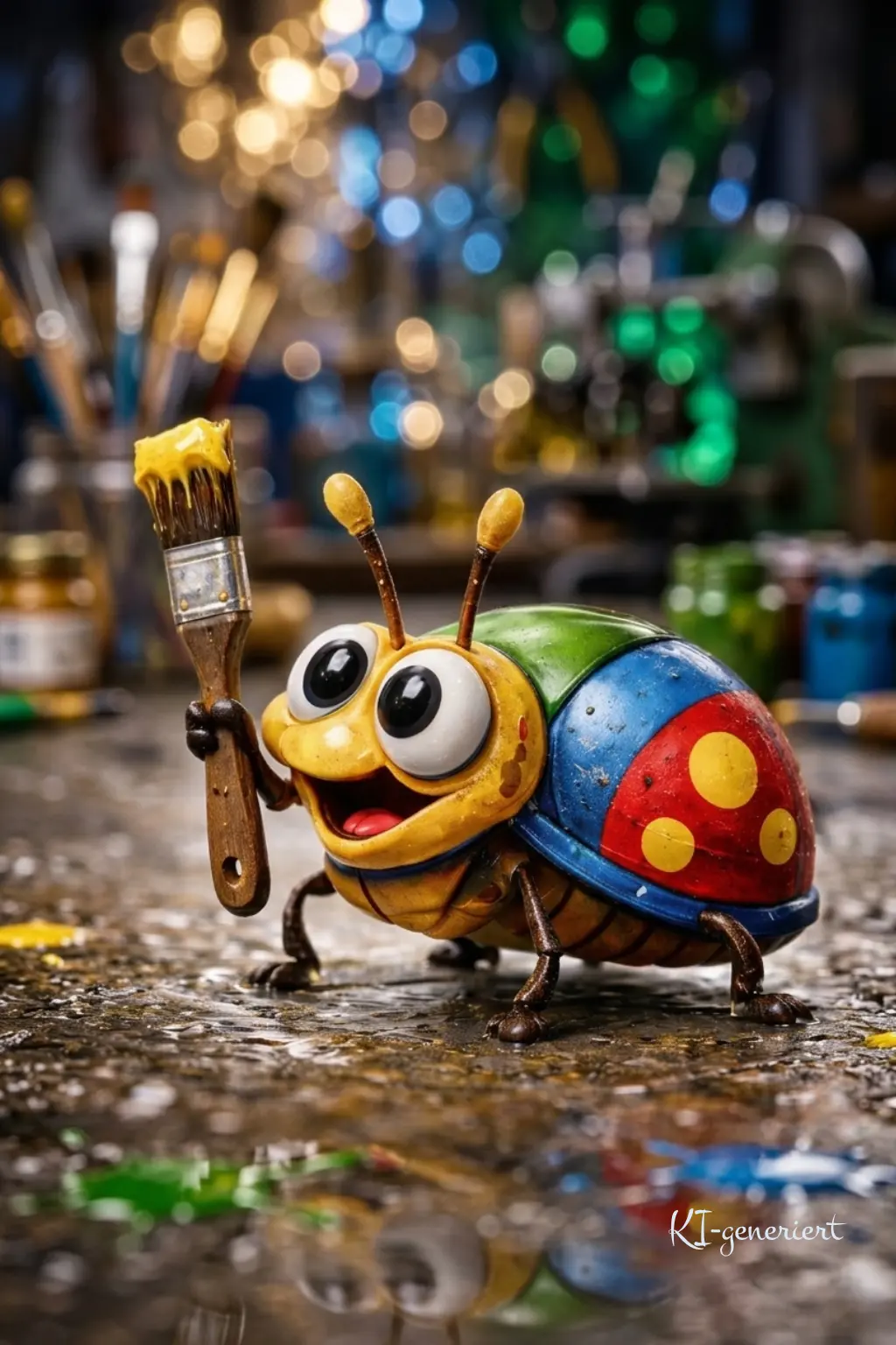 Kleiner bunter fröhlicher Käfer mit Pinsel