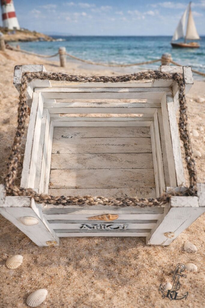 Maritime Holzkiste „Ahoi“ – Nostalgielook-Blick von oben in die Holzkiste