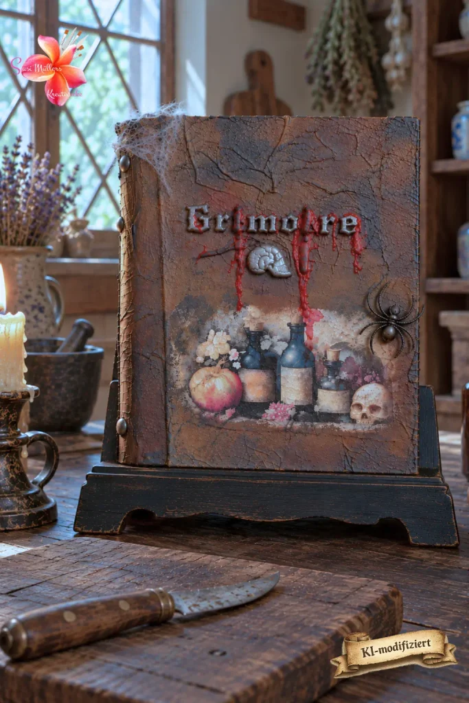 Das Grimoire der Hexe auf einem Buchständer in der Hexenküche.