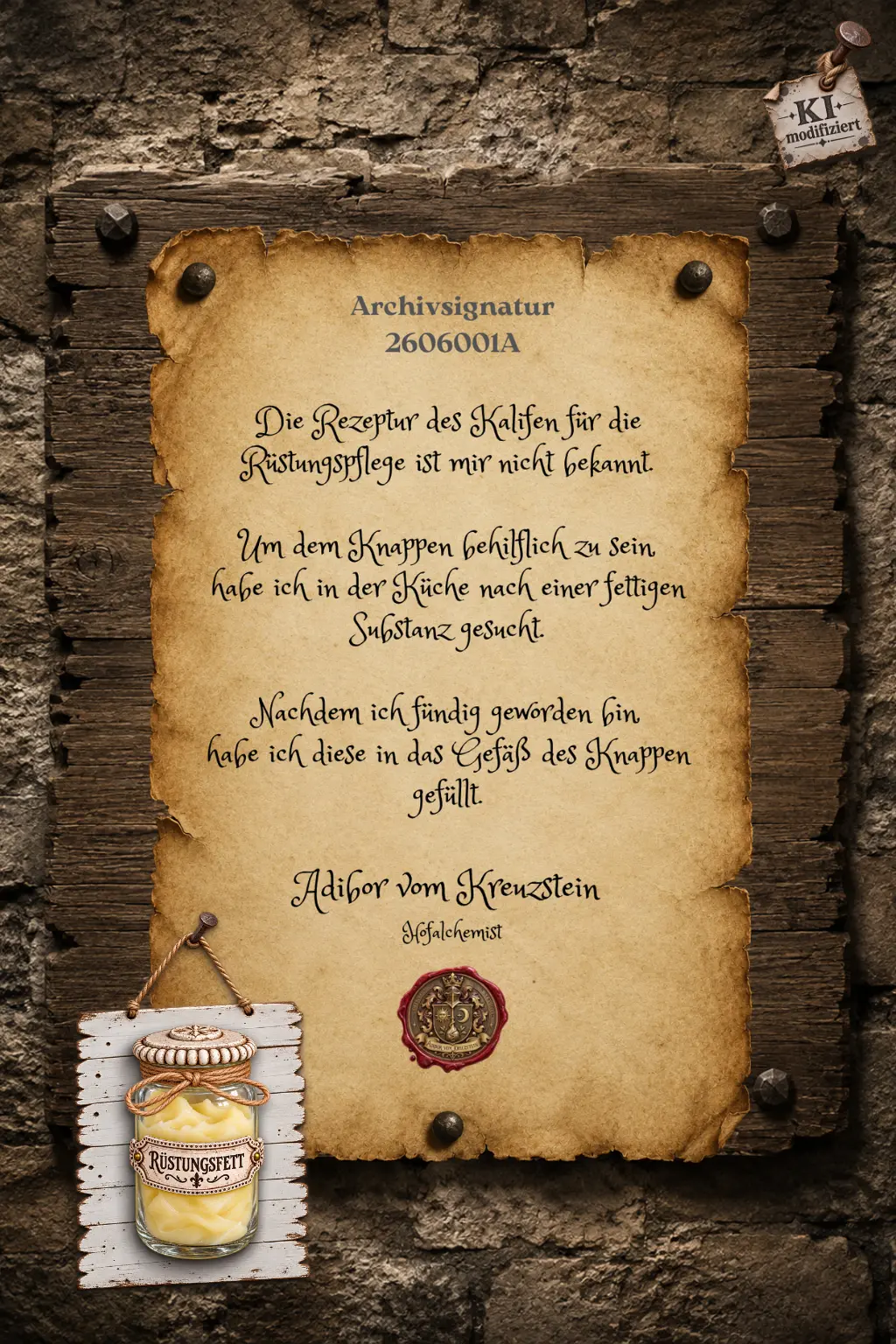 Aussage des Alchemisten, der irgendein Fett abgefüllt hat.