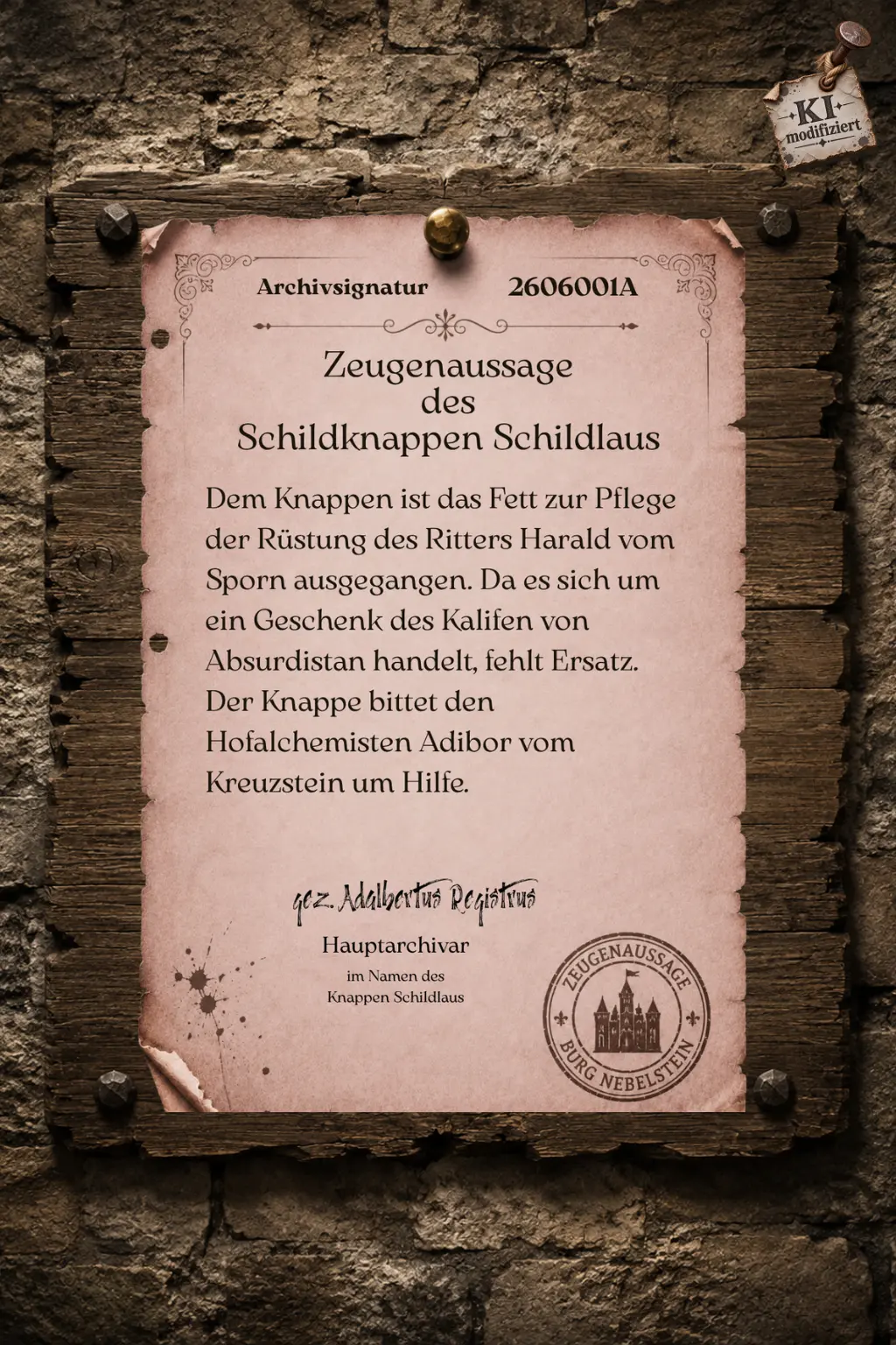 Aussage des Schildknappen Schildlaus. Er sucht Ersatz für das Rüstungsfett.