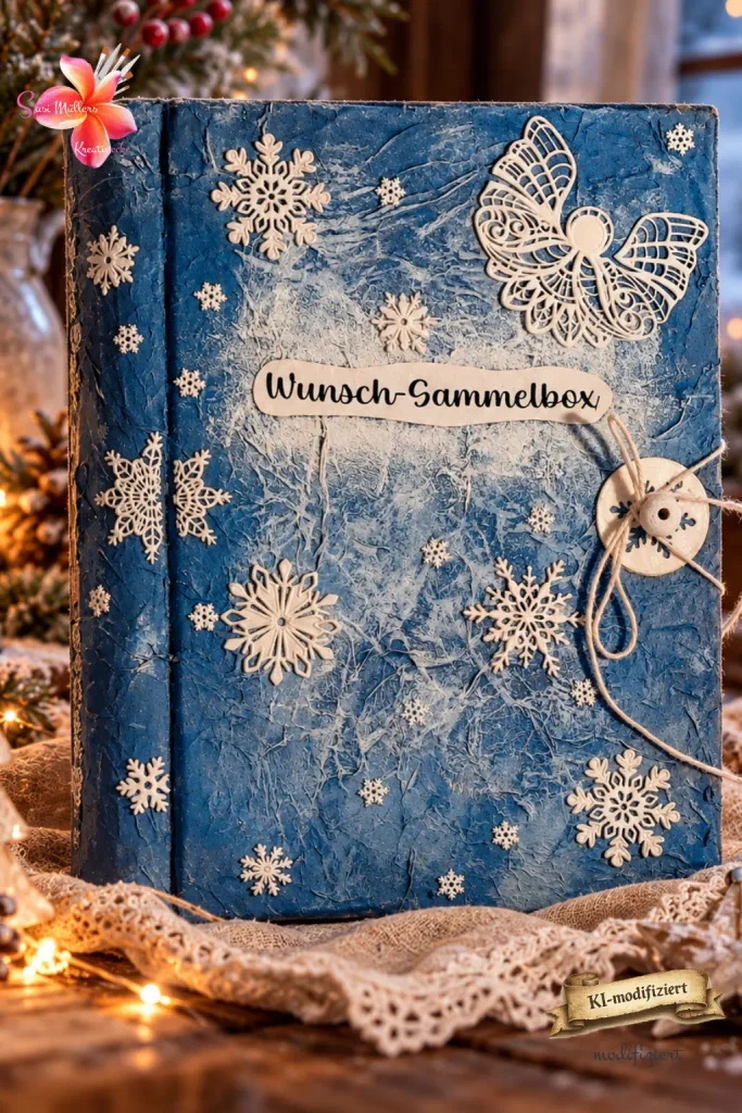 Weihnachtliche Wunschsammelbox - Vorderansicht mit Titel und Verschluss